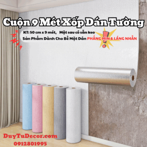 cuộn xốp dán tường vân vải, dài 9m rộng 50cm, mặt sau có sẵn keo