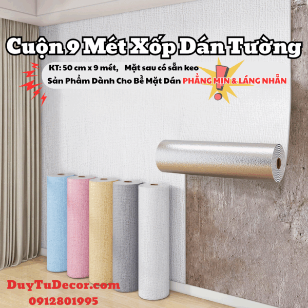 cuộn xốp dán tường vân vải, dài 9m rộng 50cm, mặt sau có sẵn keo